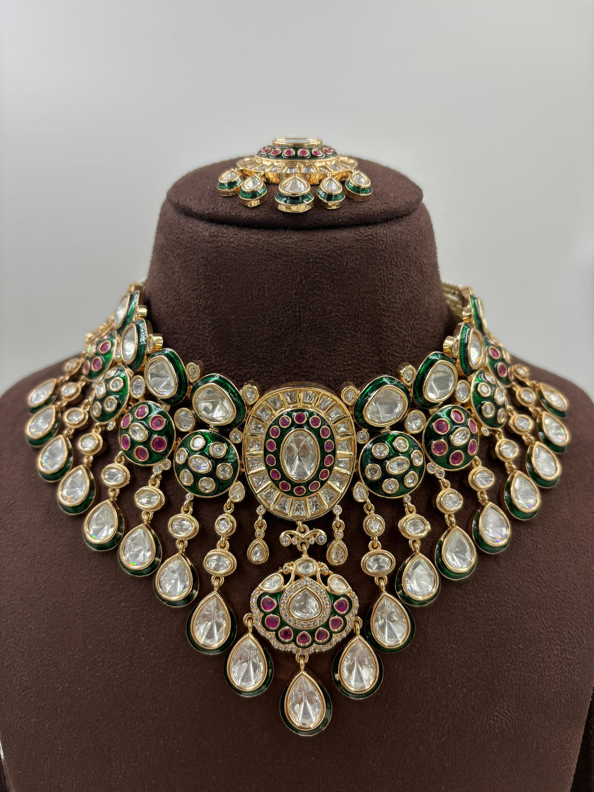 Royal Kundan Polki Bridal Necklace Set with Ruby-Green Enamel & Maang Tikka Luxury Indian Wedding Jewelry