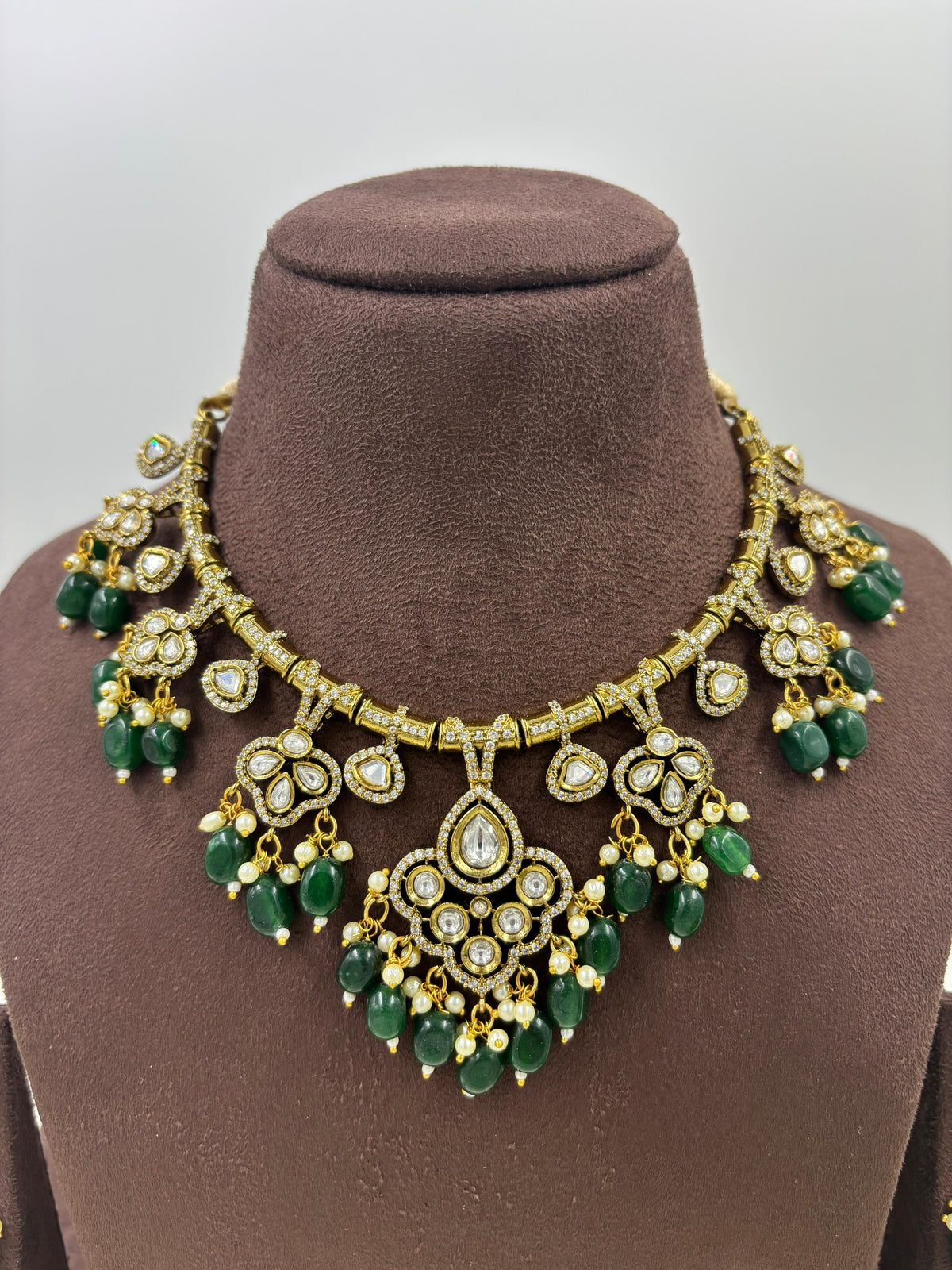 Royal Kundan Green Beads Necklace Set Bridal Jewelry with Earrings