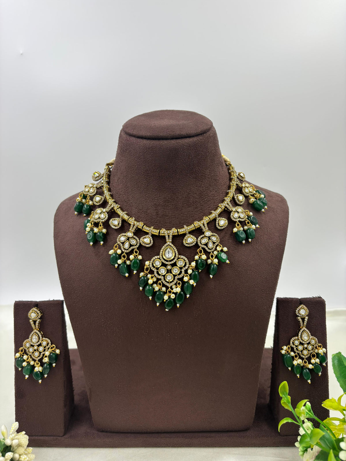 Royal Kundan Green Beads Necklace Set Bridal Jewelry with Earrings