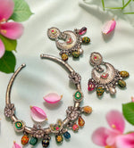 Handcrafted Oxidized Silver Necklace Set with Colorful Beads & Moon Motif Earrings
