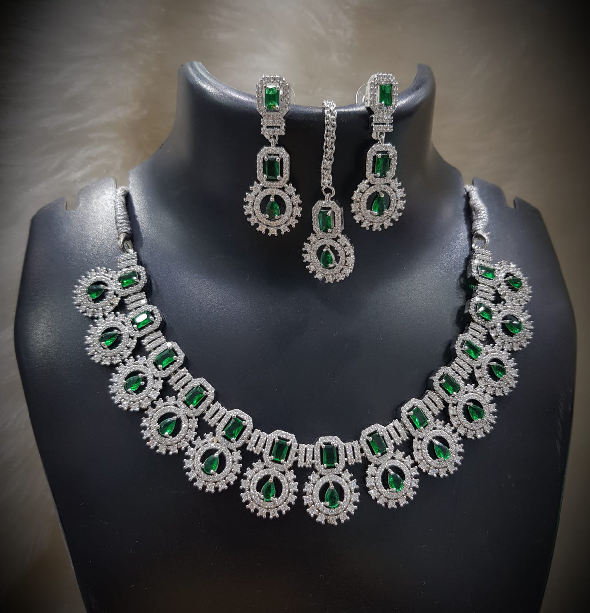 Silver-Plated Green Stone Necklace Set with Earrings & Maang Tikka | Indian Jewellery | Stone Jewellery | Indian Necklace Set