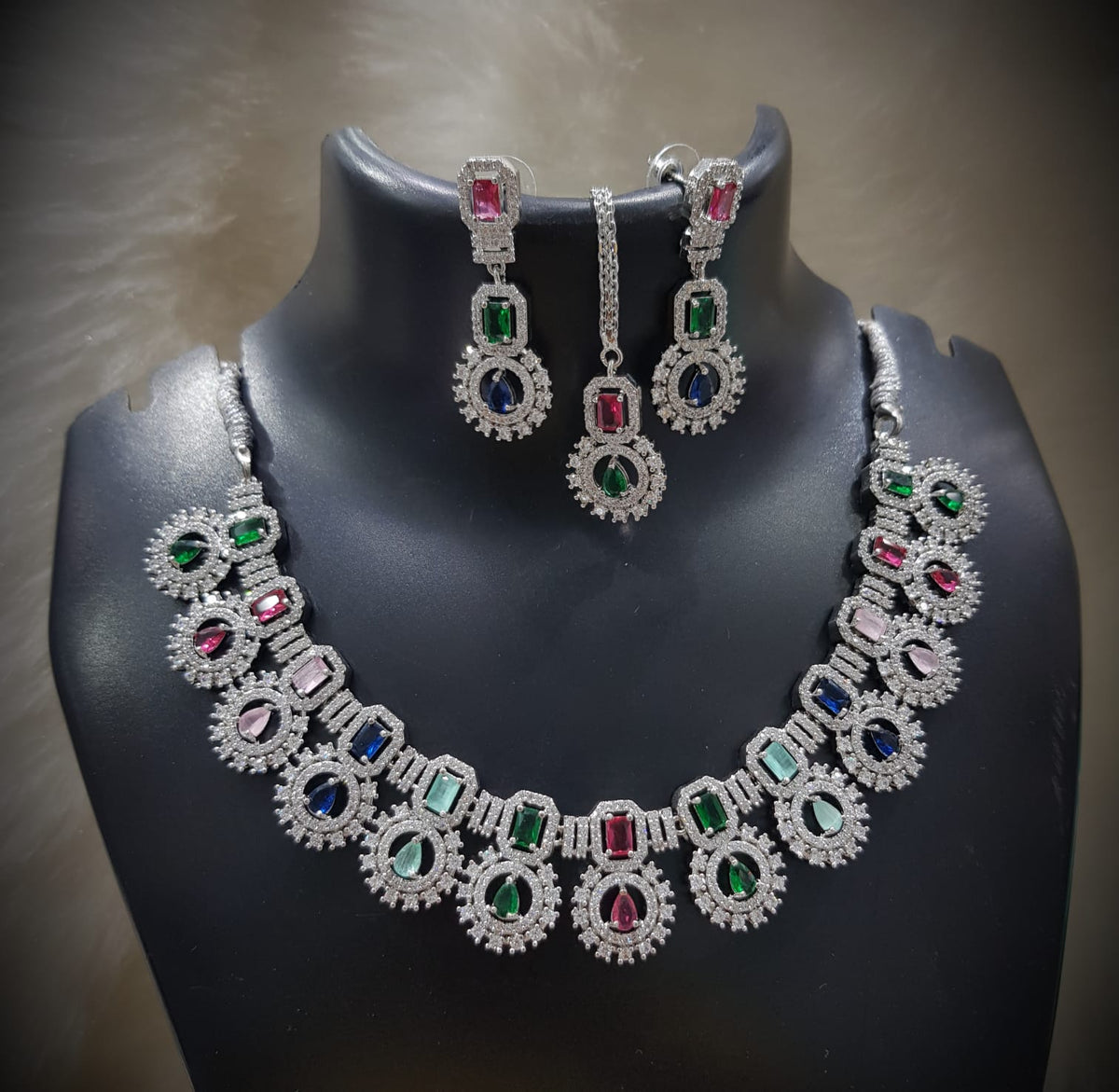 Silver-Plated Green Stone Necklace Set with Earrings & Maang Tikka | Indian Jewellery | Stone Jewellery | Indian Necklace Set