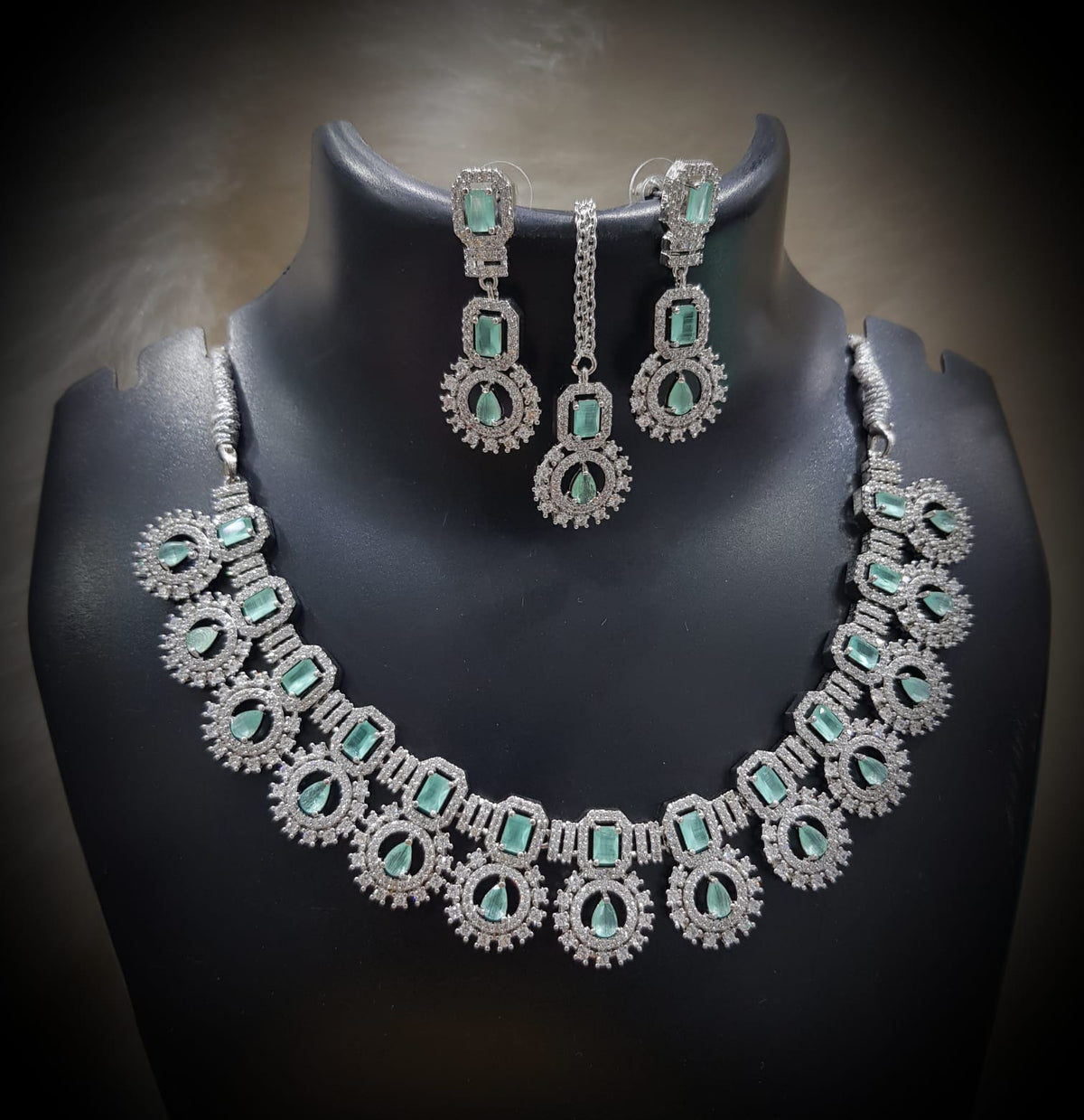 Silver-Plated Green Stone Necklace Set with Earrings & Maang Tikka | Indian Jewellery | Stone Jewellery | Indian Necklace Set