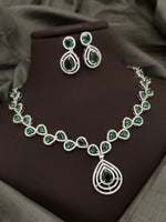 Silver-Plated Green Stone Necklace Set with Earrings | Indian Jewellery | Stone Jewellery | Indian Necklace Set