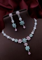 Silver-Plated Purple Stone Floral Necklace & Earrings Set | Indian Jewellery | Stone Jewellery Indian Neckles Set