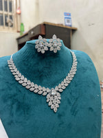 Magenta Teardrop CZ Necklace Set with Floral Earrings Silver-Toned Statement Bridal Jewelry