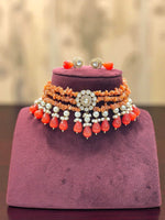 Handcrafted Coral Beaded Choker Necklace Set with Matching Earrings | Indian Jewellery | Pearls & Kundan Jewellery Indian Neckles Set
