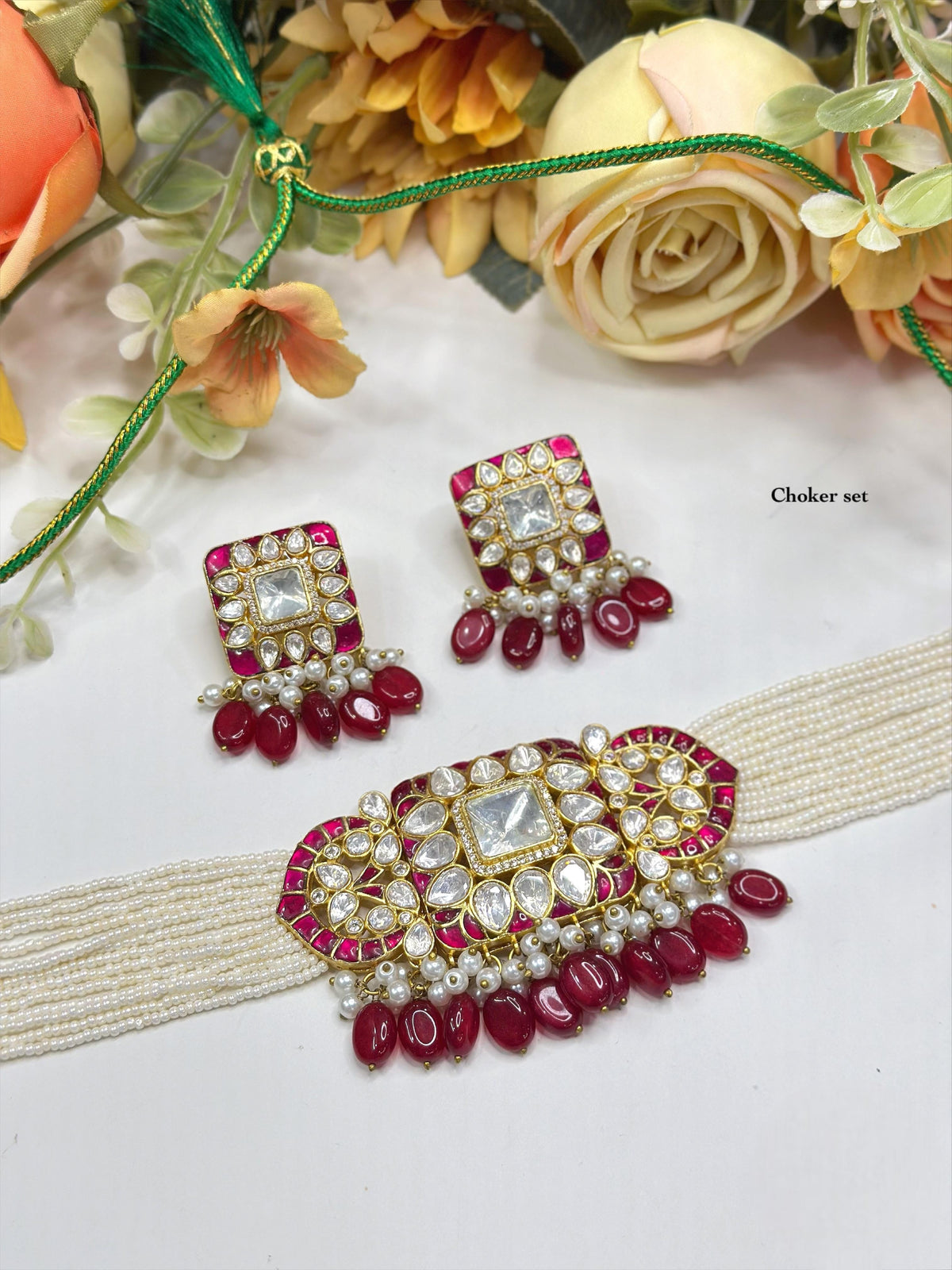 Pearl & Kundan Green Choker Necklace Set with Matching Earrings | Indian Jewellery | Pearl Jewellery Indian Neckles Set