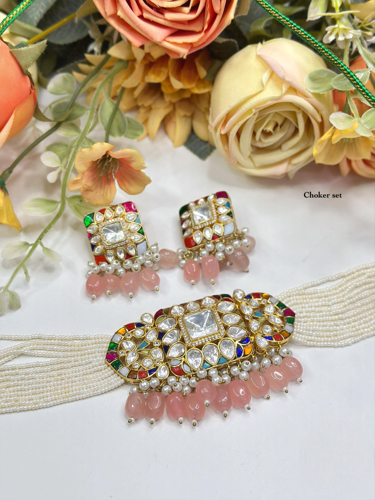 Pearl & Kundan Green Choker Necklace Set with Matching Earrings | Indian Jewellery | Pearl Jewellery Indian Neckles Set