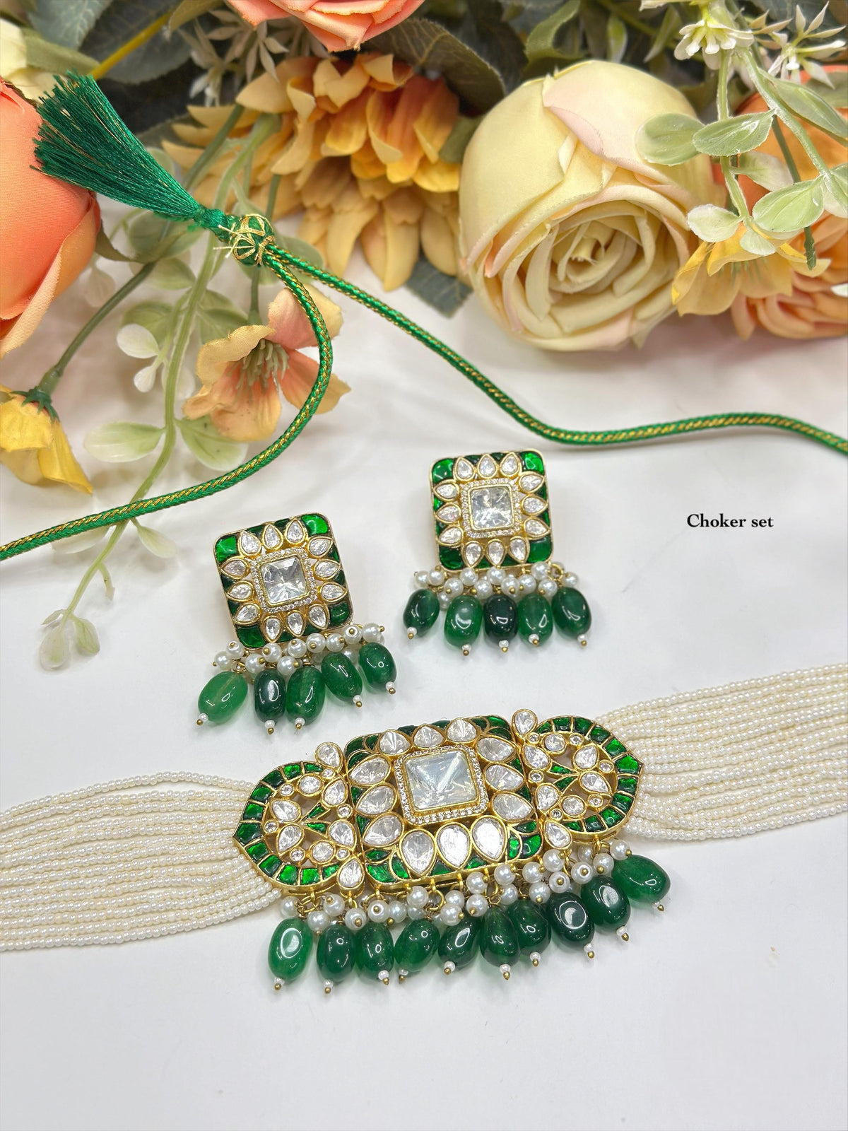 Pearl & Kundan Green Choker Necklace Set with Matching Earrings | Indian Jewellery | Pearl Jewellery Indian Neckles Set
