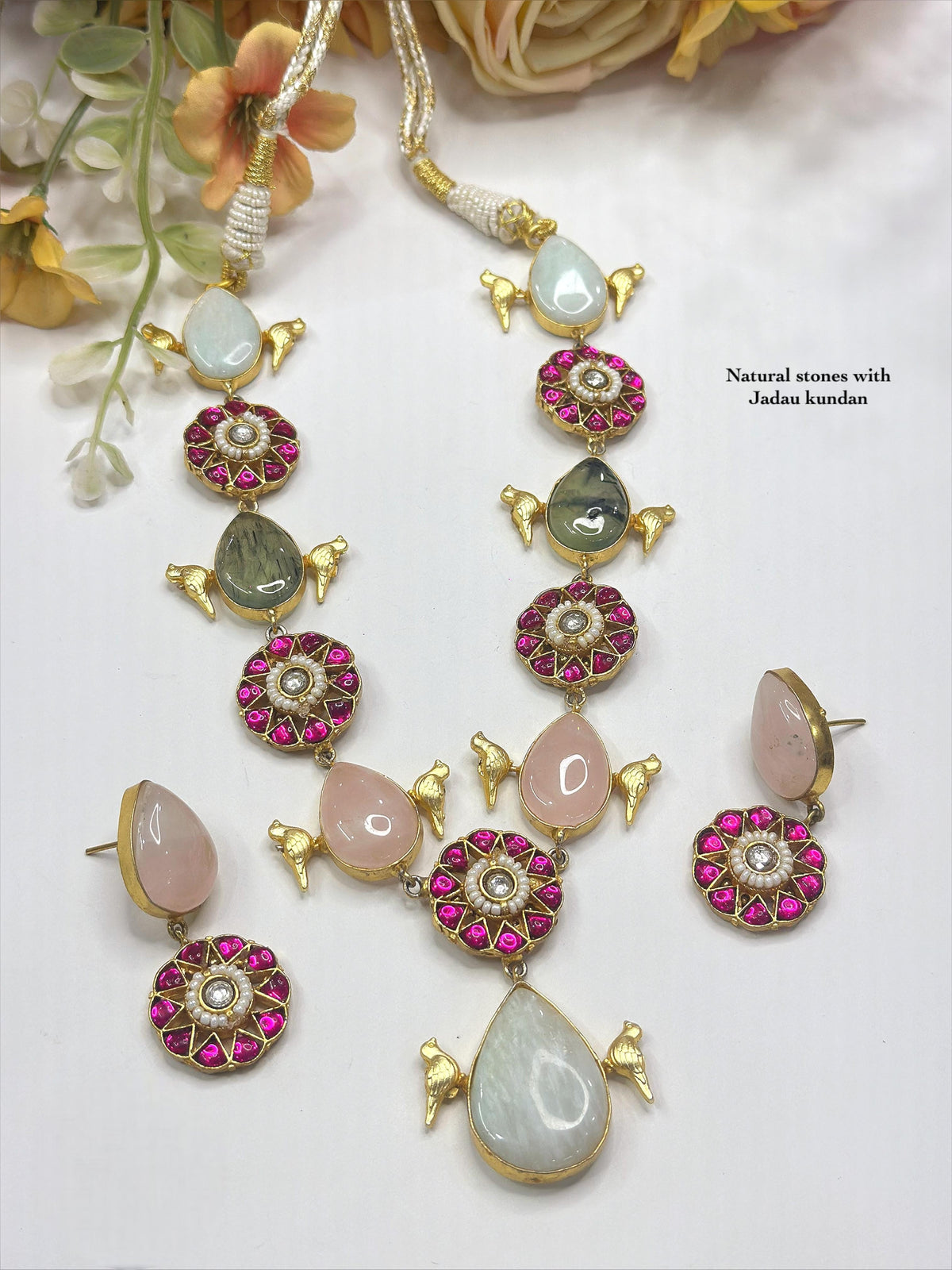 Motif Necklace Set with Matching Earrings | Jadau Kundan & Natural Stones Indian Jewellery
