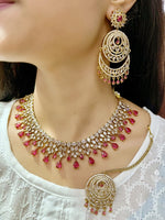 Emerald Green CZ Necklace Set with Chandbali Earrings & Maang Tikka | Kundan Indian Jewellery | Indian Necklace Set