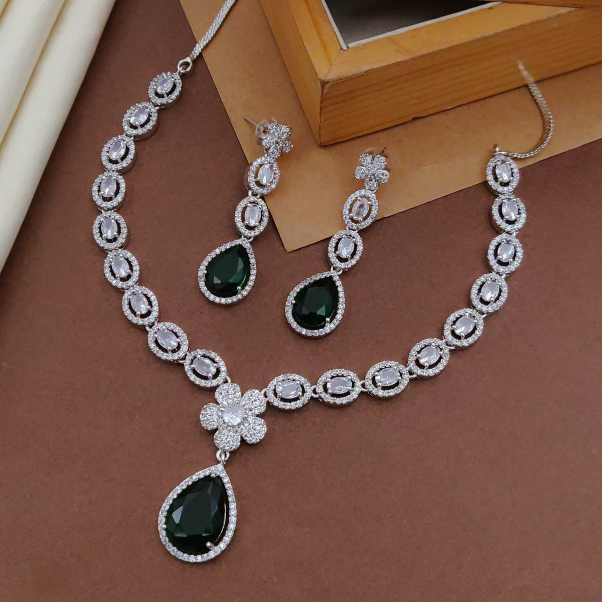 Emerald-Cut Stone Necklace Set with Earrings | Indian Jewellery | Premium CZ Diamond Jewellery Indian Neckles Set