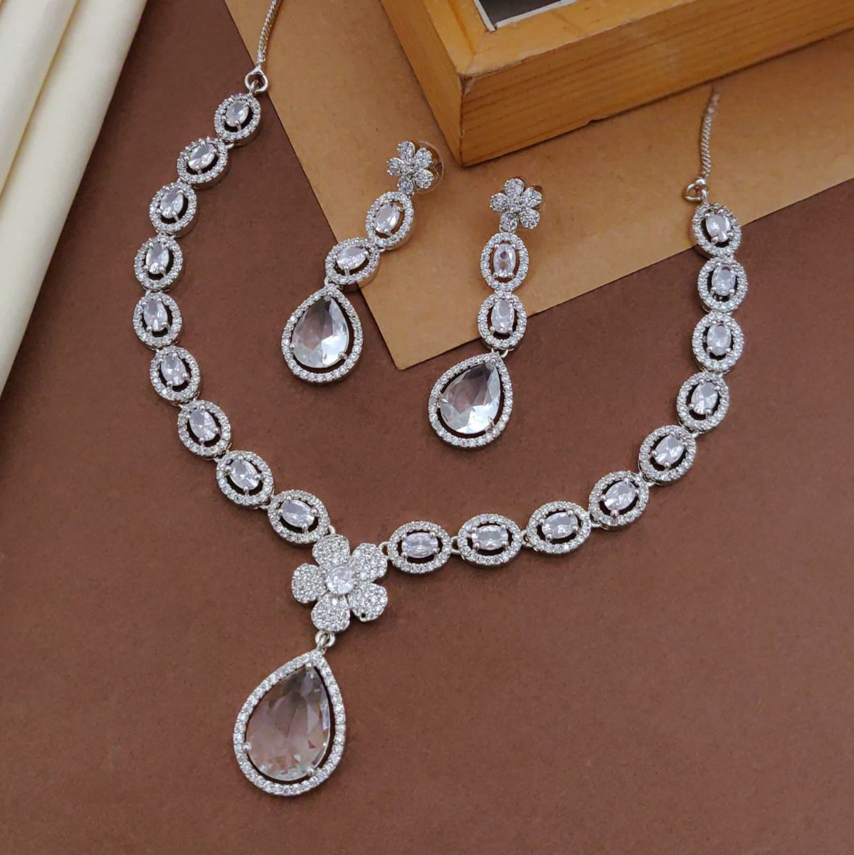 Emerald-Cut Stone Necklace Set with Earrings | Indian Jewellery | Premium CZ Diamond Jewellery Indian Neckles Set