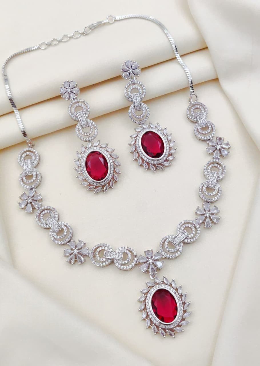 Silver-Plated Necklace & Earrings Set | Indian Jewellery | Elegant Stone Jewellery Indian Neckles Set
