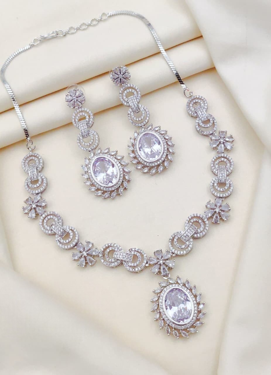 Silver-Plated Necklace & Earrings Set | Indian Jewellery | Elegant Stone Jewellery Indian Neckles Set
