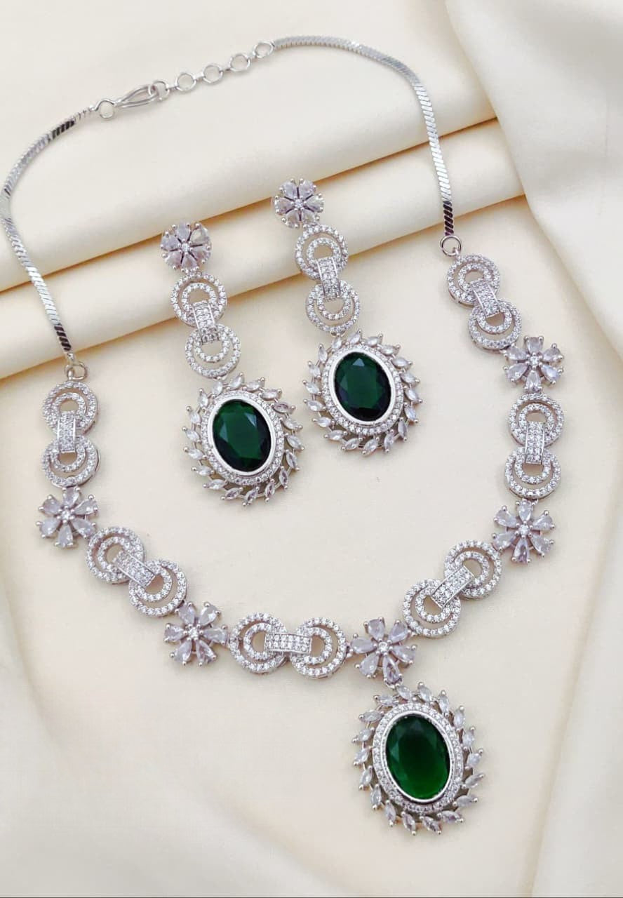 Silver-Plated Necklace & Earrings Set | Indian Jewellery | Elegant Stone Jewellery Indian Neckles Set