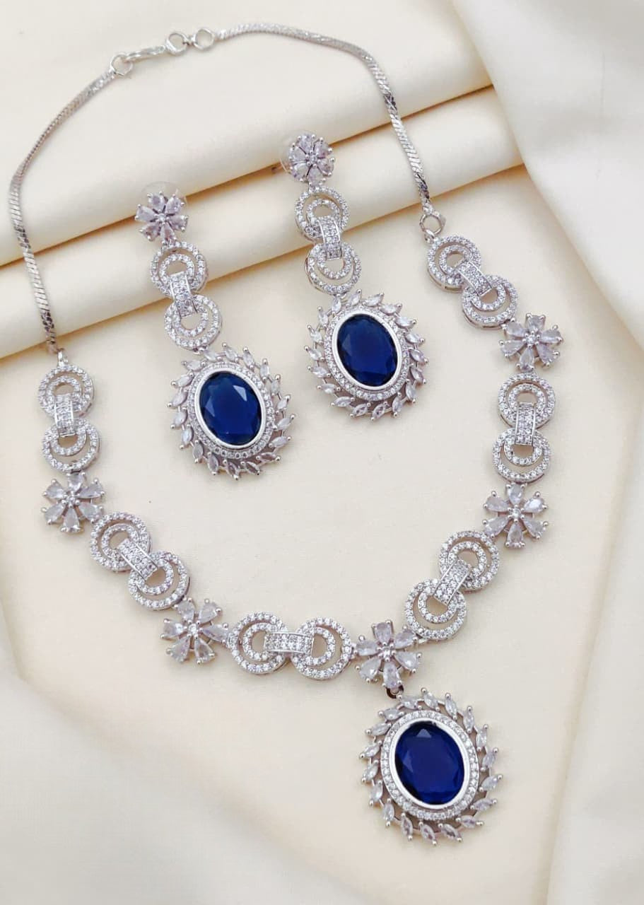 Silver-Plated Necklace & Earrings Set | Indian Jewellery | Elegant Stone Jewellery Indian Neckles Set