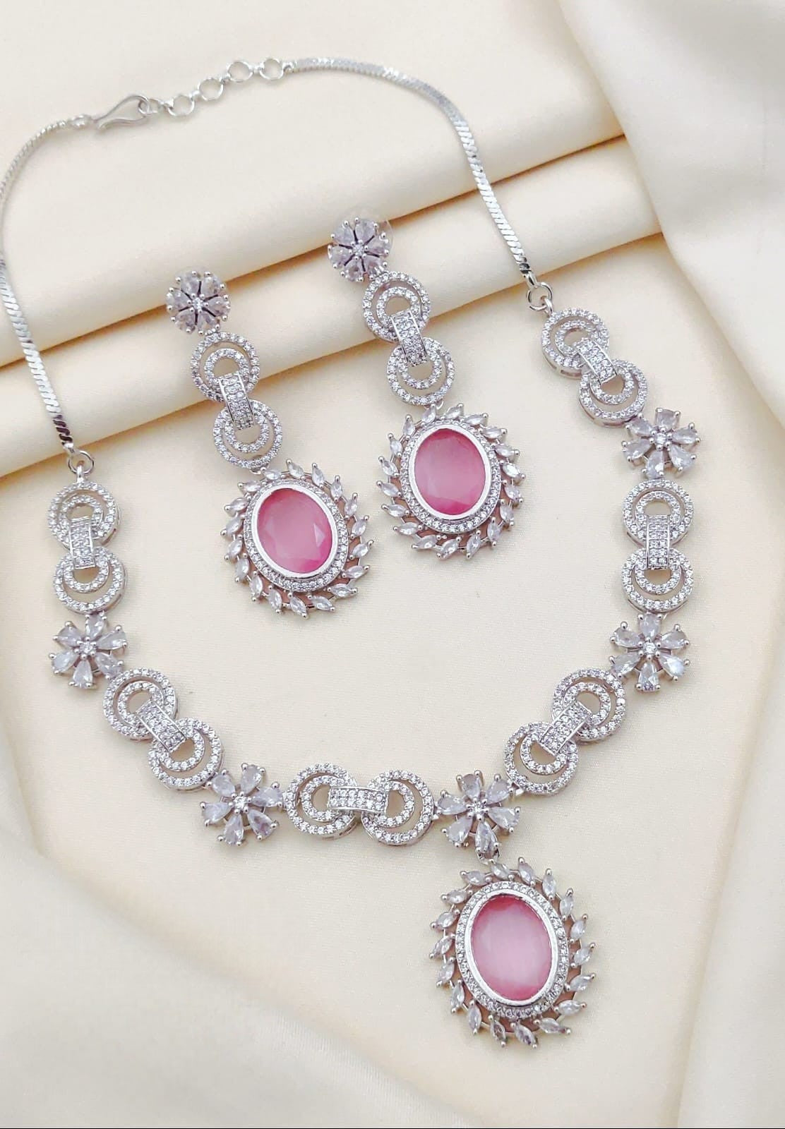 Silver-Plated Necklace & Earrings Set | Indian Jewellery | Elegant Stone Jewellery Indian Neckles Set