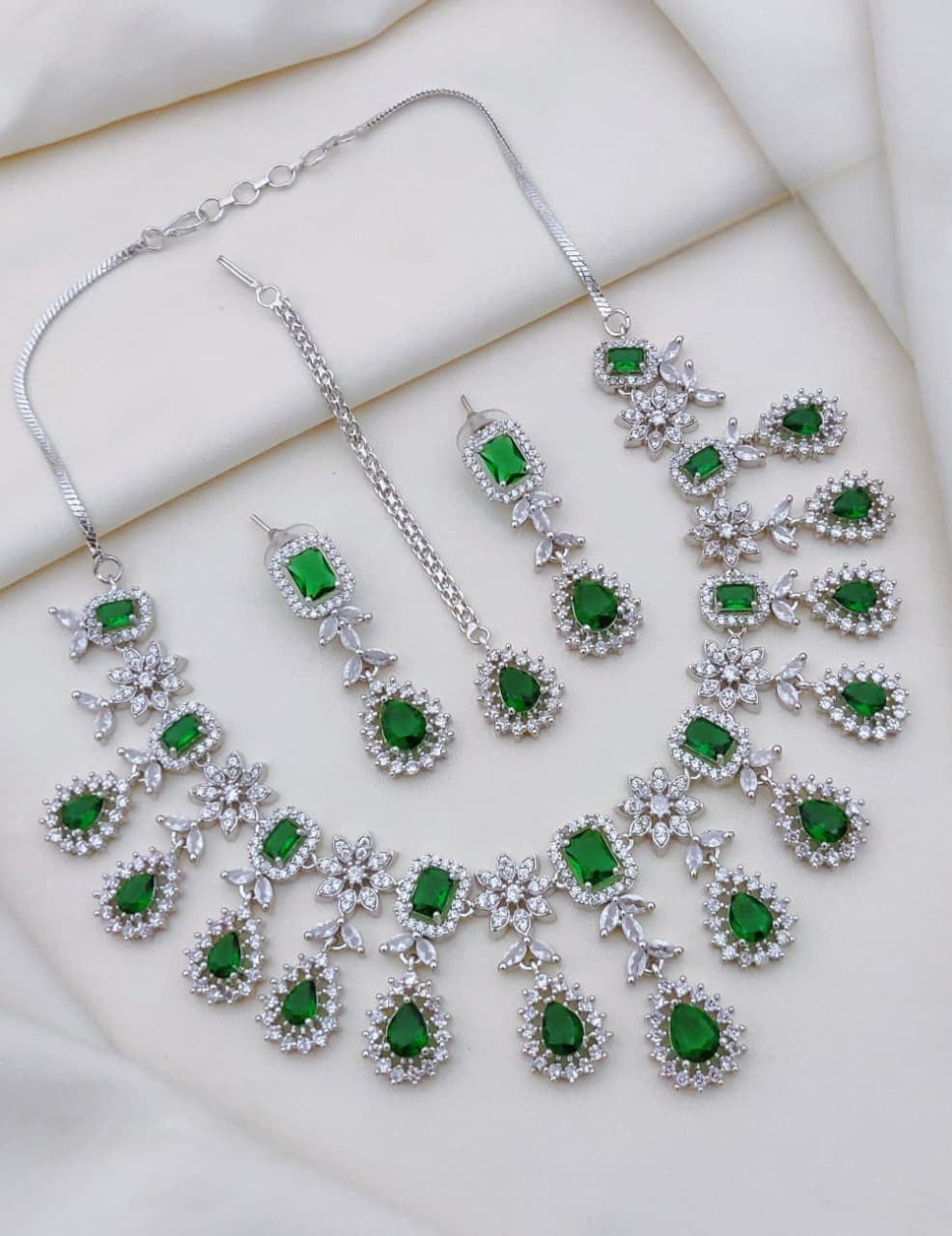 Multicolor CZ Stone Bridal Jewelry Set with Maang Tikka & Earrings | Indian Jewellery | Premium Stone Jewellery Indian Neckles Set