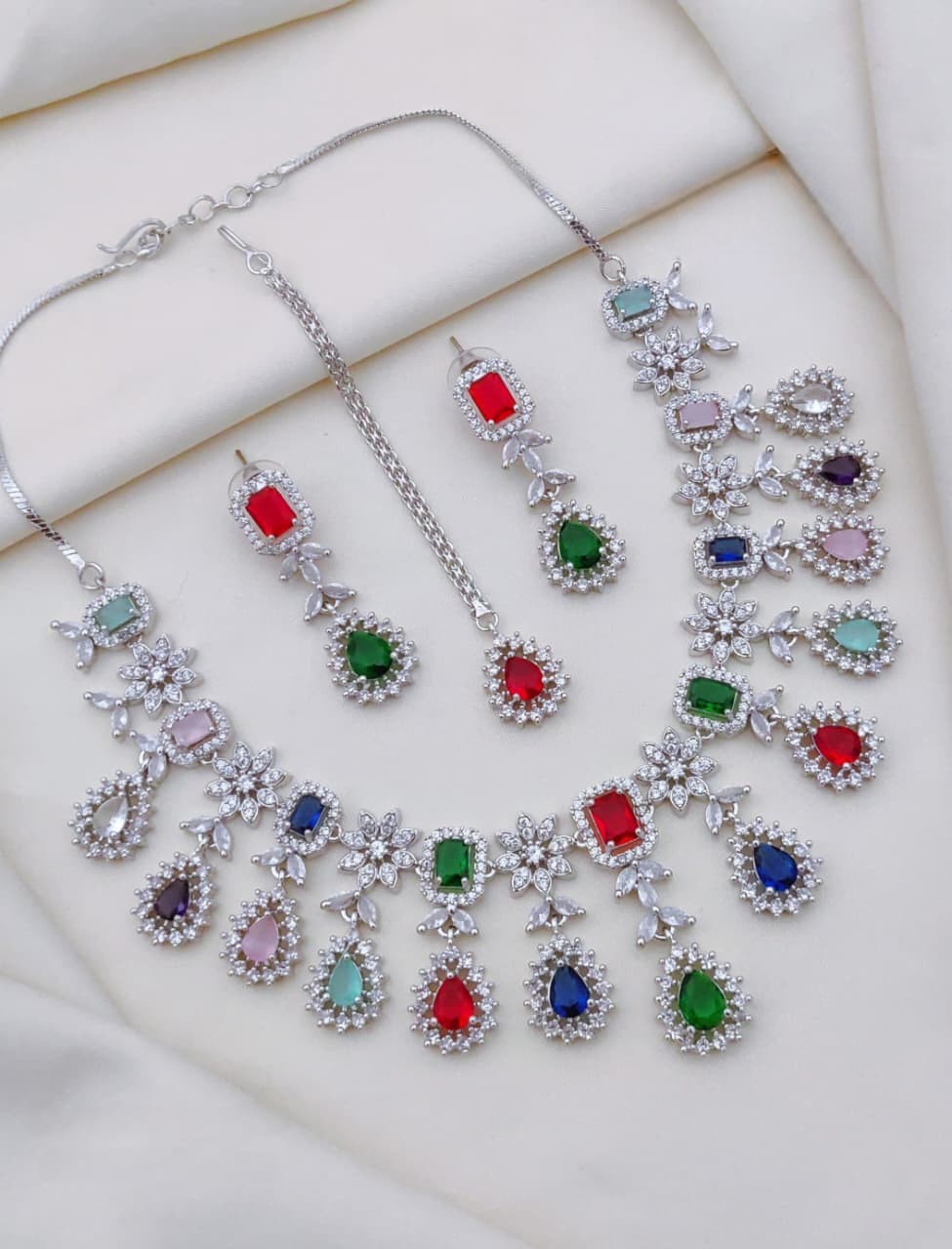 Multicolor CZ Stone Bridal Jewelry Set with Maang Tikka & Earrings | Indian Jewellery | Premium Stone Jewellery Indian Neckles Set