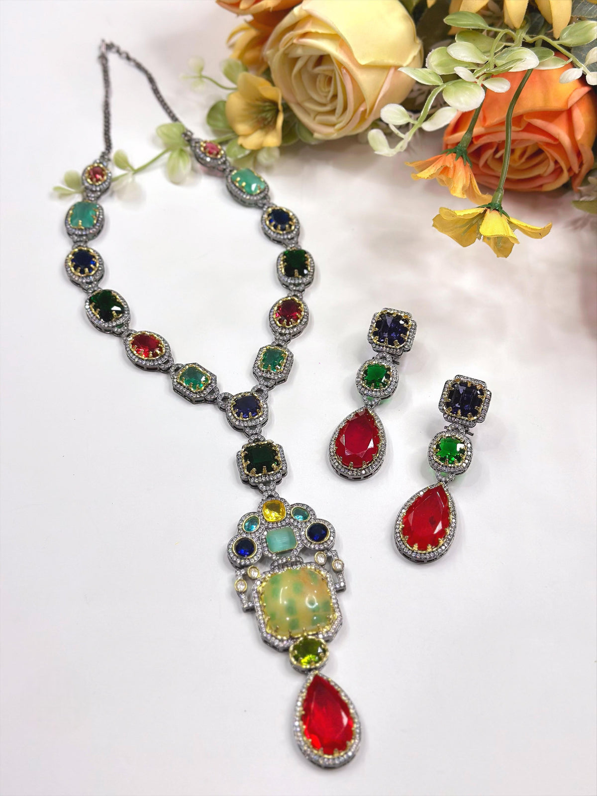 Antique Multicolor Stone Necklace Set with Earrings | Indian Jewellery | Stone Jewellery | Indian Necklace Set