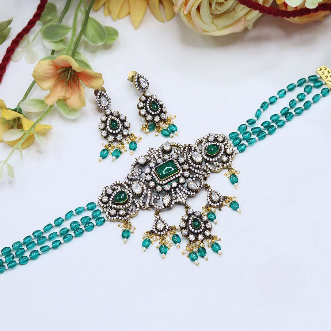 Beaded Choker Necklace Set with Earrings | Indian Jewellery | Beads Jewellery | Indian Necklace Set