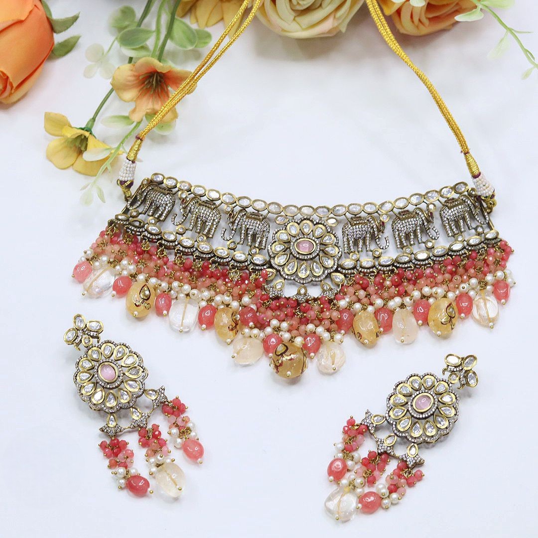 Elephant-Inspired Choker Pearl Necklace Set | Indian Jewellery | Pearl Indian Necklace Set with Matching Earrings | Premium Indian Jewellery