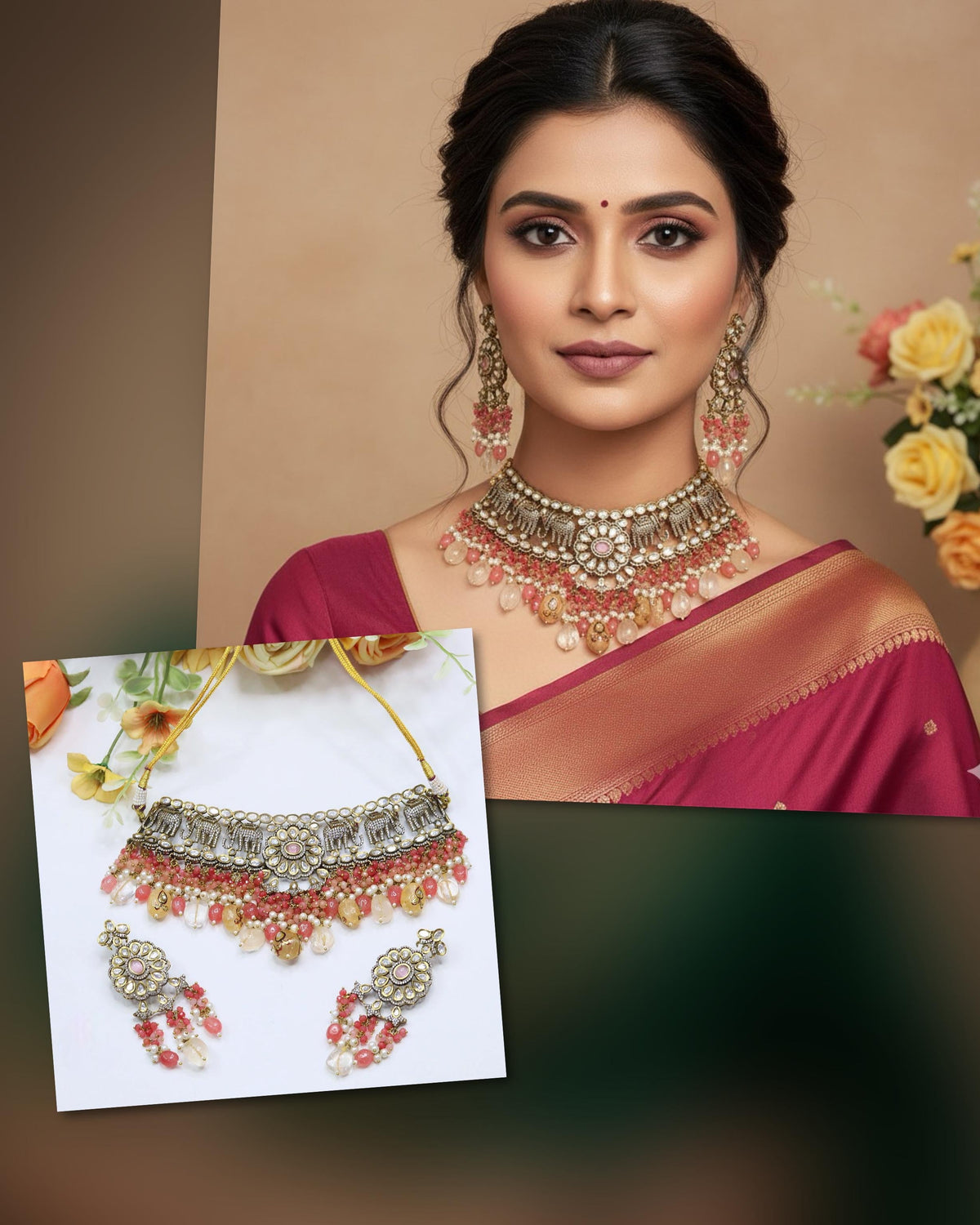 Elephant-Inspired Choker Pearl Necklace Set | Indian Jewellery | Pearl Indian Necklace Set with Matching Earrings | Premium Indian Jewellery