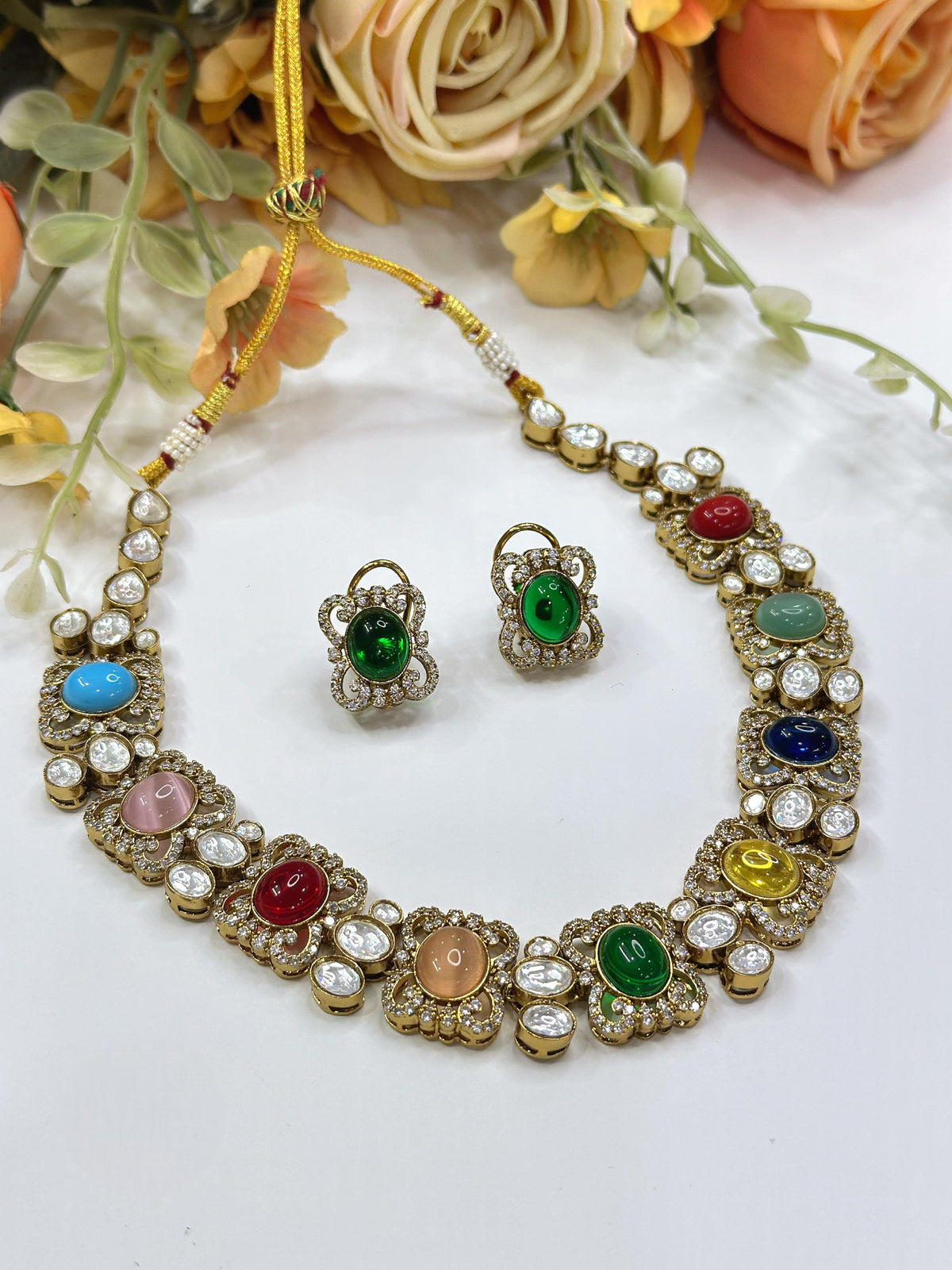 Multicolor Kundan Necklace Set | Indian Jewellery | Kundan Indian Necklace Set with With Earrings | Indian Jewellery