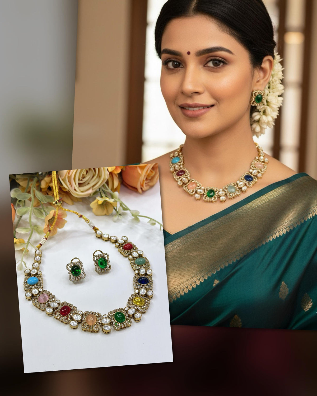 Multicolor Kundan Necklace Set | Indian Jewellery | Kundan Indian Necklace Set with With Earrings | Indian Jewellery