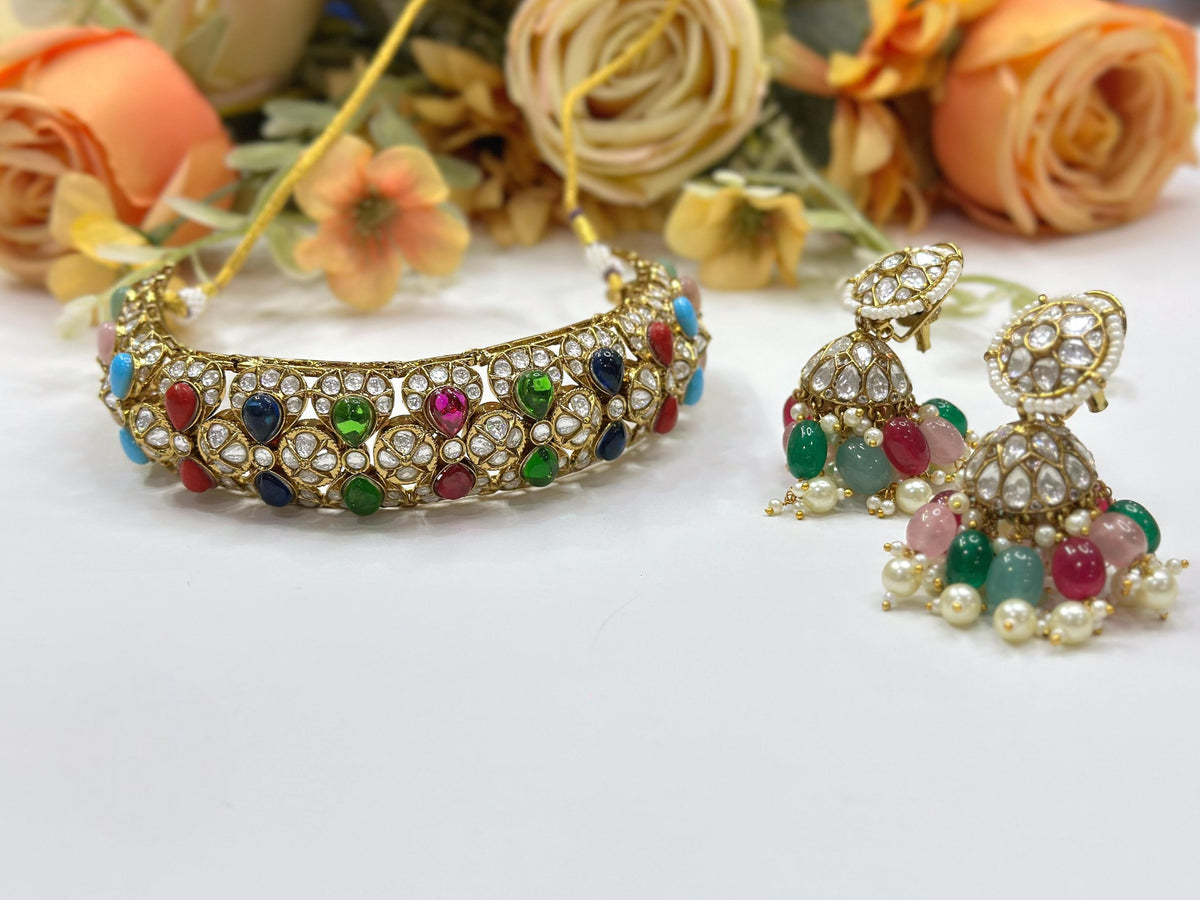 Multicolor Pearl Kundan Choker Necklace Set | Indian Jewellery | Pearl Kundan Indian Necklace Set with Matching Jhumki Earrings | Premium Indian Jewellery