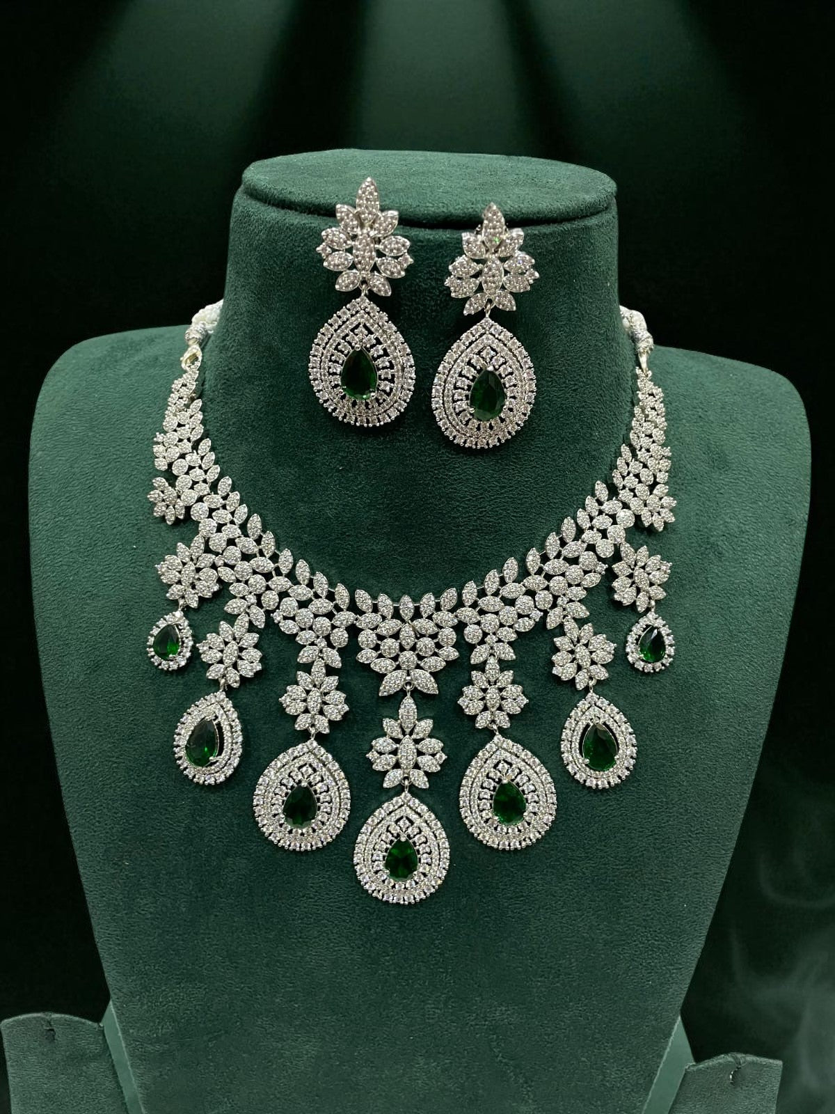 Emerald Drop CZ Bridal Necklace Set Diamond Finish Statement Jewelry