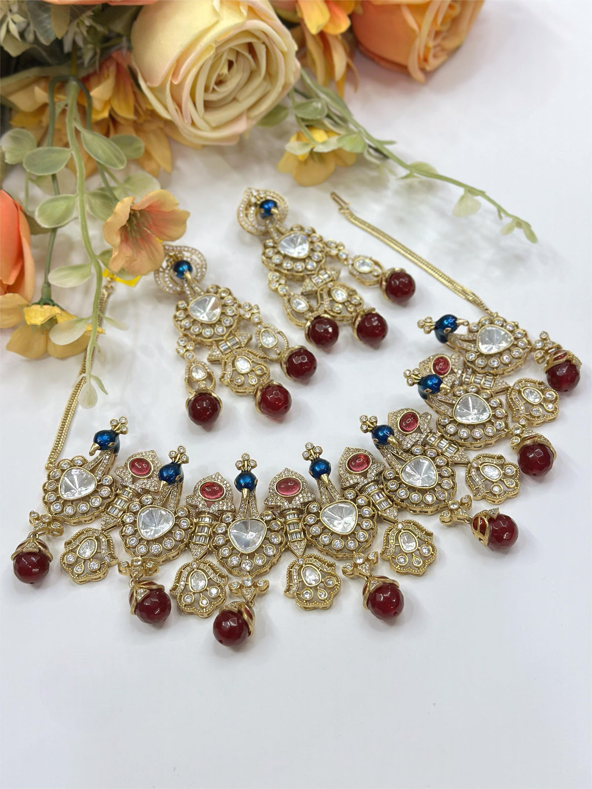 Polki & Ruby Red Beaded Choker Set | Indian Jewellery | Kundan Polki Necklace Set with Matching Earrings | Premium Indian Necklaces