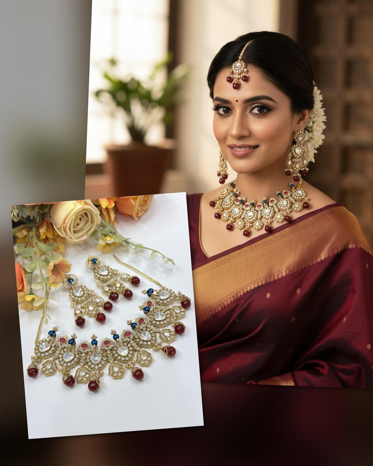 Polki & Ruby Red Beaded Choker Set | Indian Jewellery | Kundan Polki Necklace Set with Matching Earrings | Premium Indian Necklaces