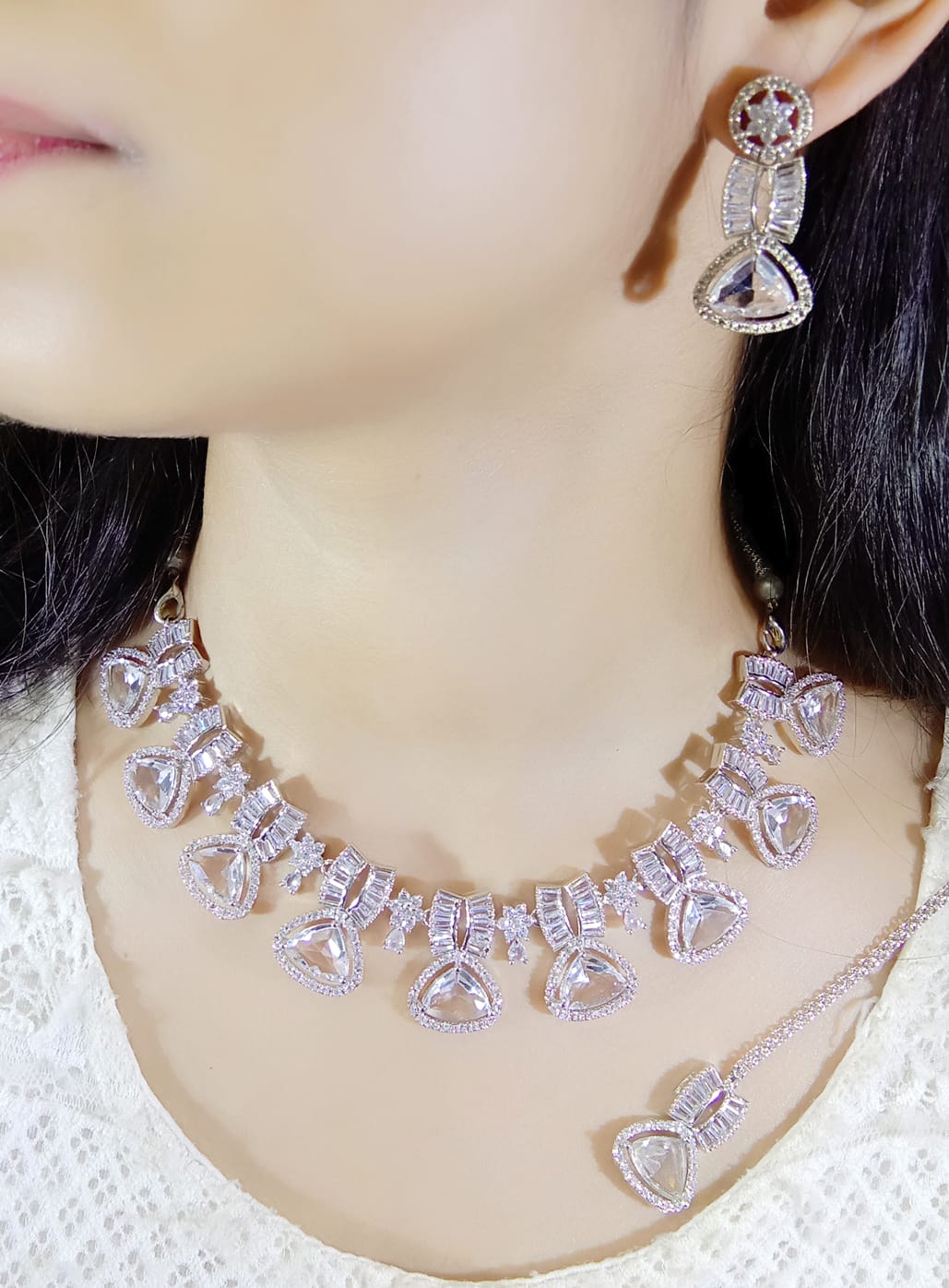 Exclusive Designer Tri-Cut Pink Stone & Zircon Necklace Set