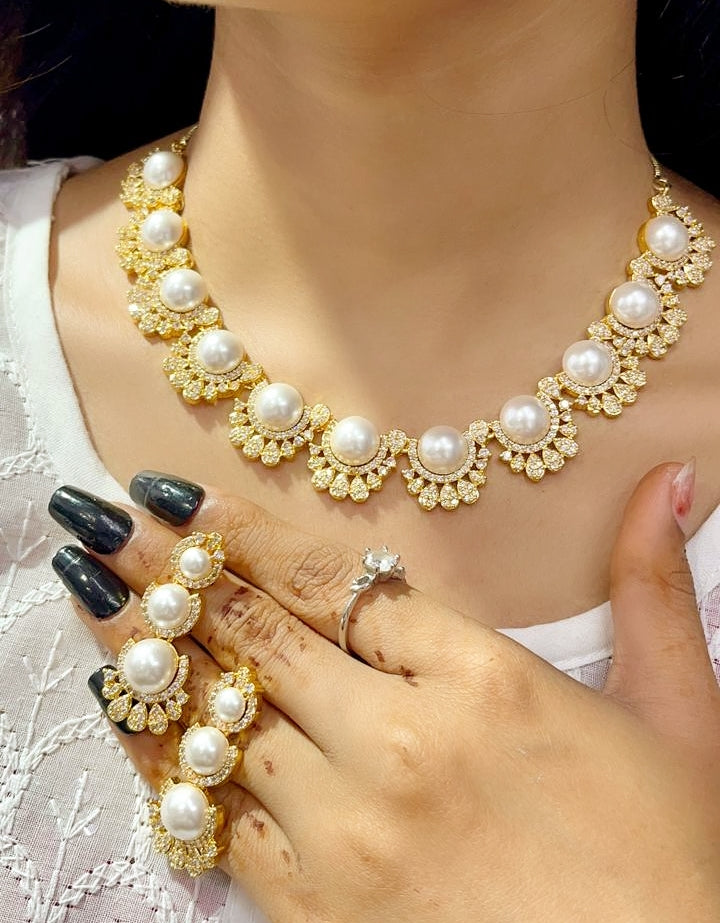 Classic Pearl & Zircon Sparkle Necklace Set – Elegant Party Wear Jewelry for Women