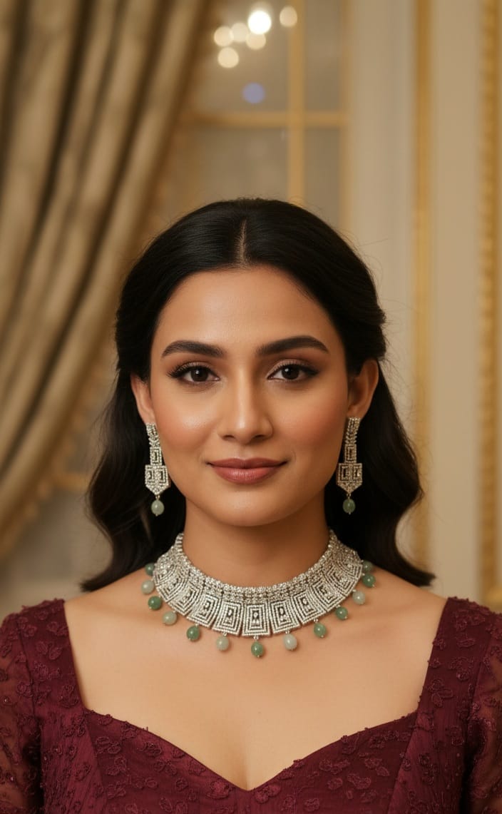 Elegant Silver Choker Necklace Set with Pink Bead Drops