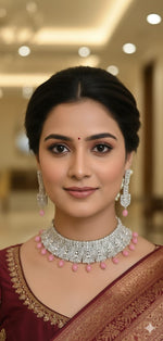 Elegant Silver Choker Necklace Set with Pink Bead Drops