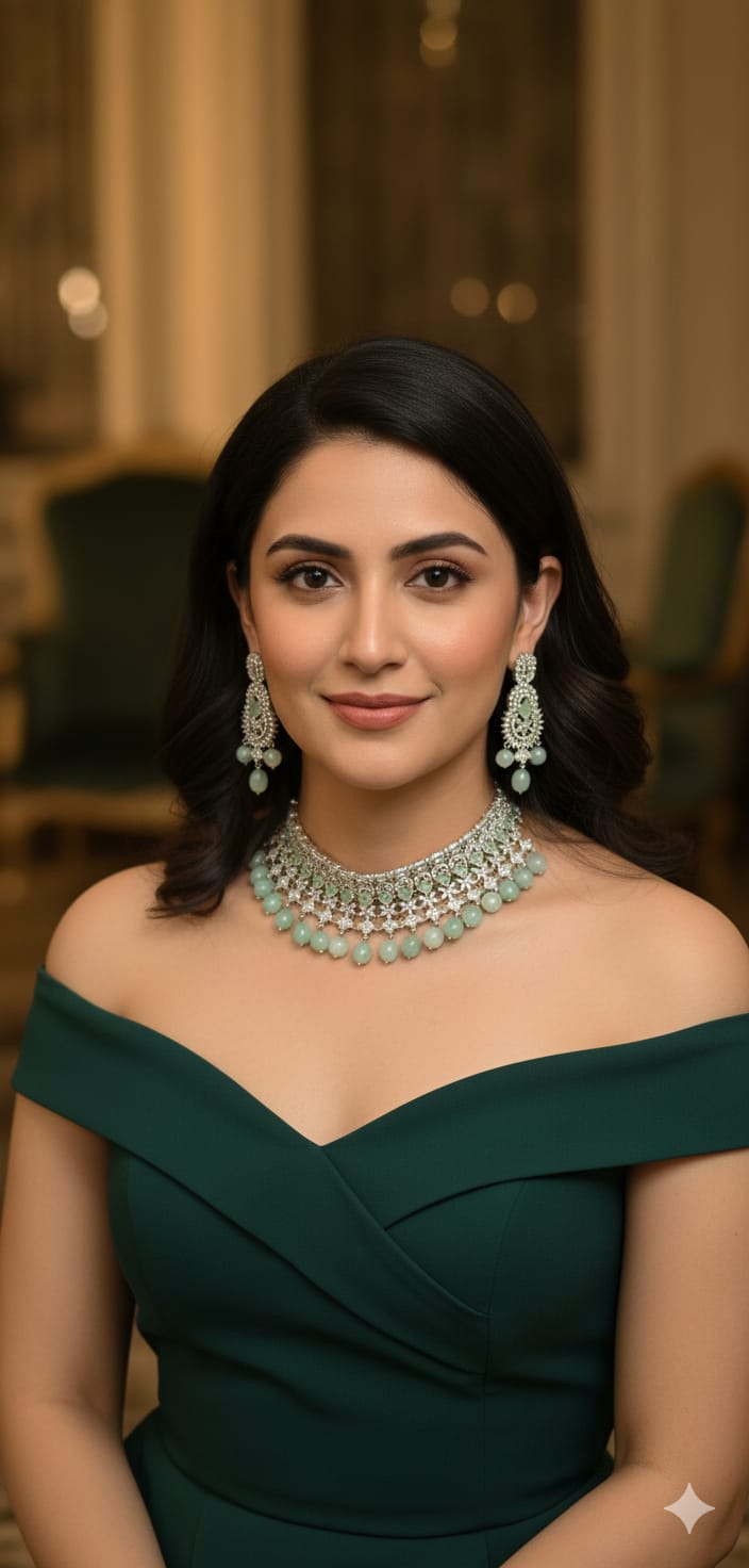 Mint Green Stone & Silver Choker Necklace Set – Elegant Designer Jewelry