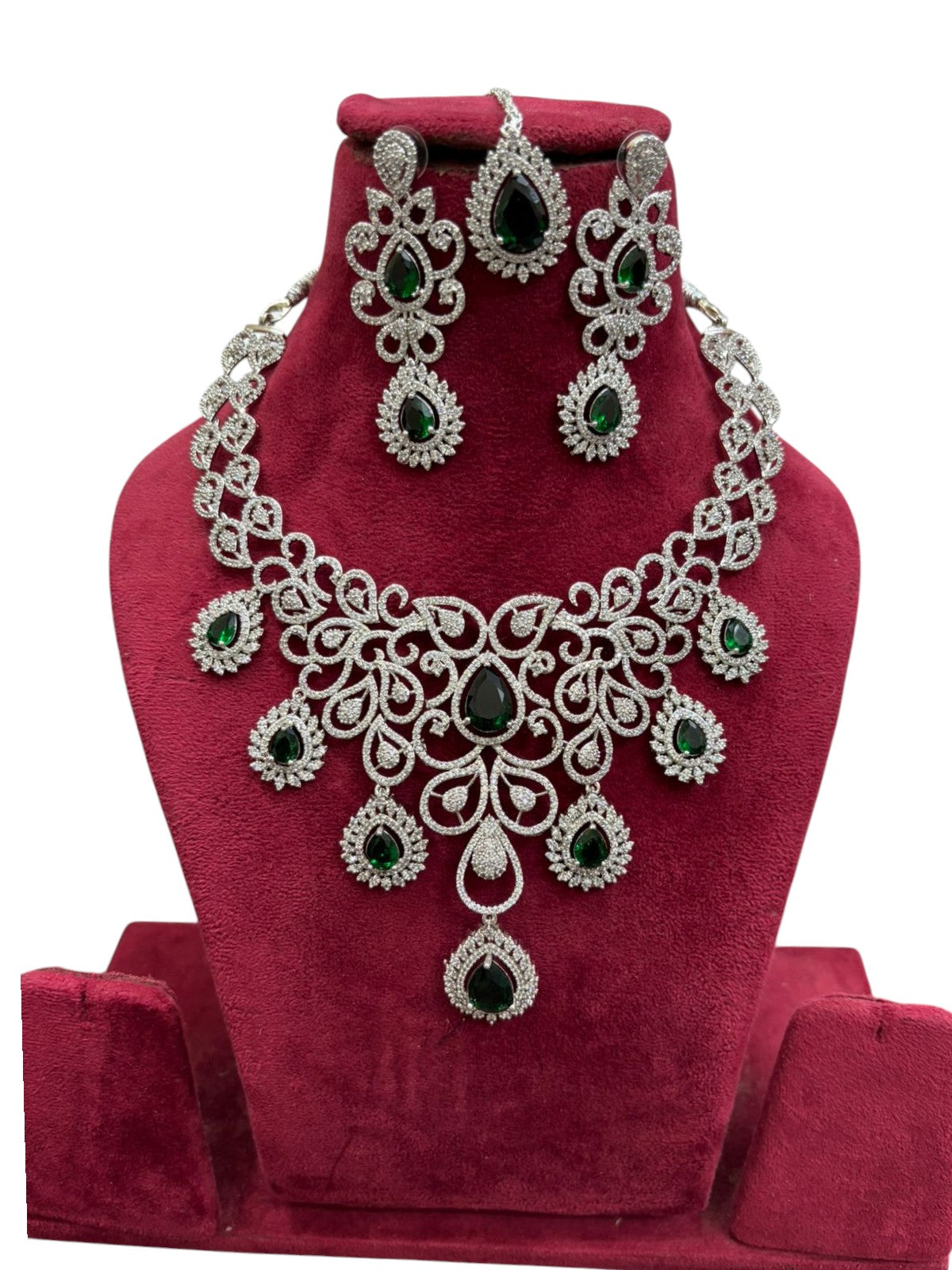 Royal Pink Elegance AD Necklace Set with Earrings & Maangtika – Premium Bridal Jewelry