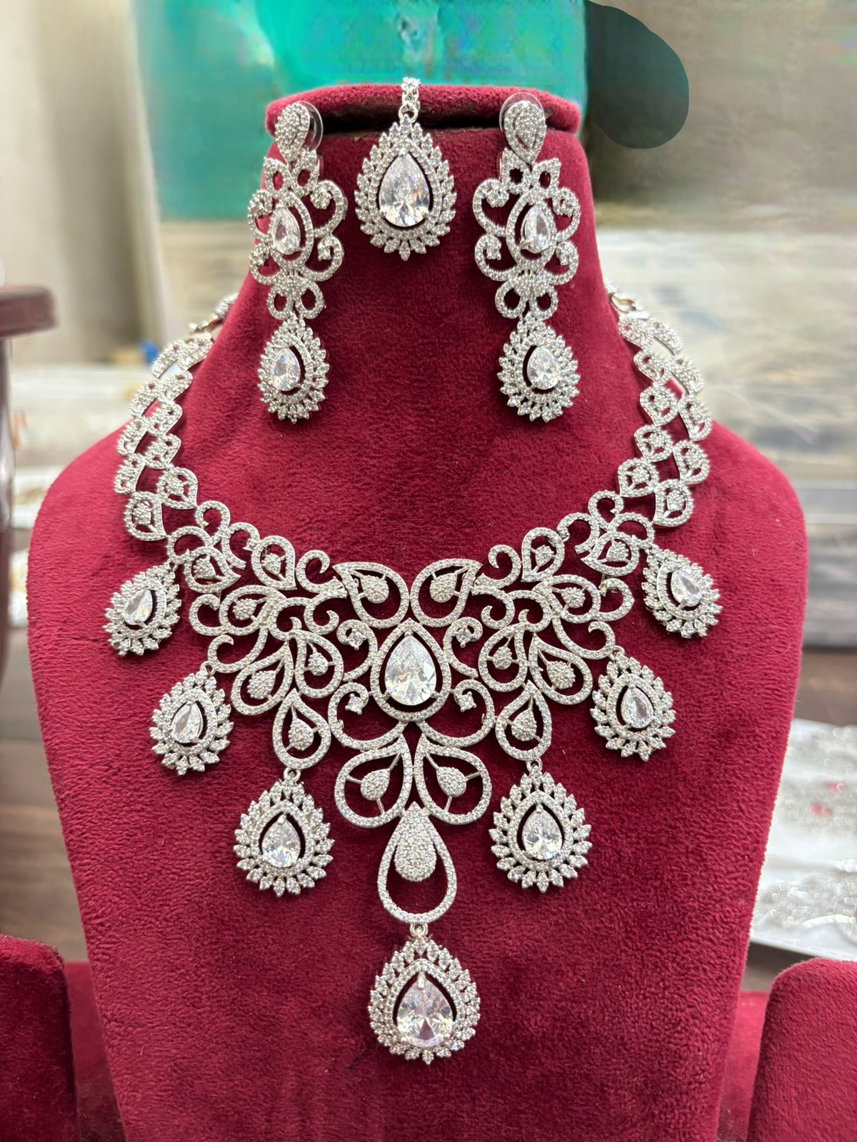 Royal Pink Elegance AD Necklace Set with Earrings & Maangtika – Premium Bridal Jewelry