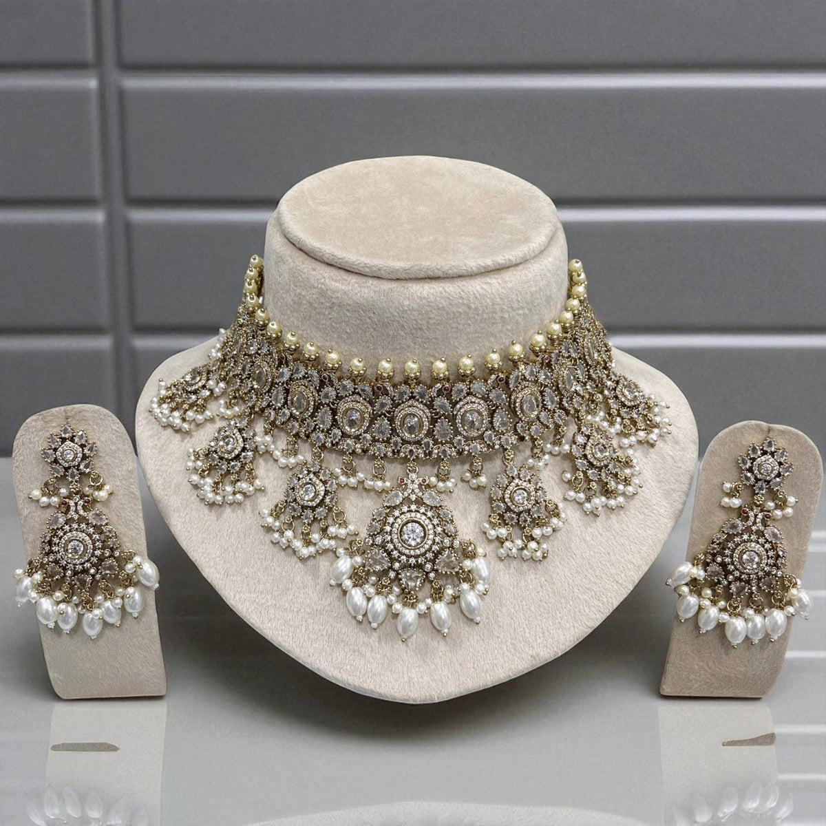 Luxury Mint Green Kundan Choker Pearl Detailing Necklace Set with Beads & Earrings