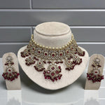 Luxury Mint Green Kundan Choker Pearl Detailing Necklace Set with Beads & Earrings