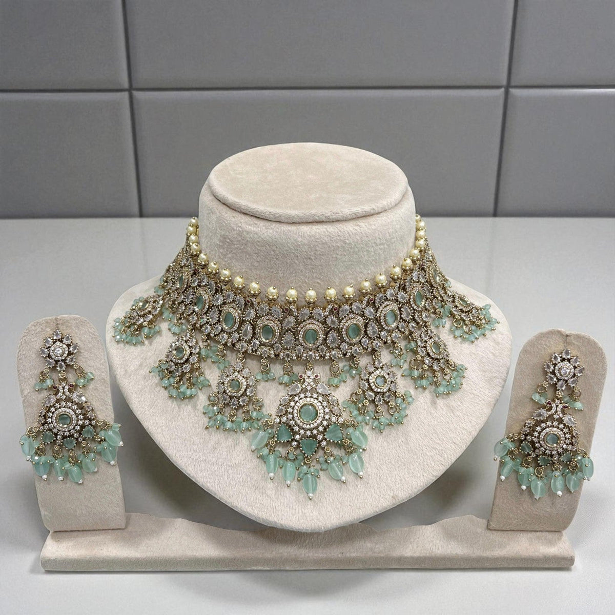 Luxury Mint Green Kundan Choker Pearl Detailing Necklace Set with Beads & Earrings