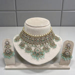 Luxury Mint Green Kundan Choker Pearl Detailing Necklace Set with Beads & Earrings