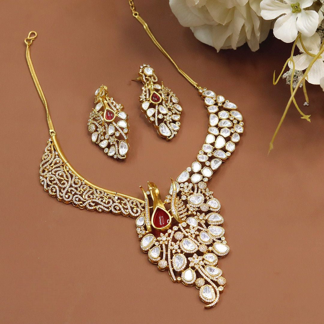 Peacock-Inspired Gold & Ruby Bridal Necklace Set with Earrings