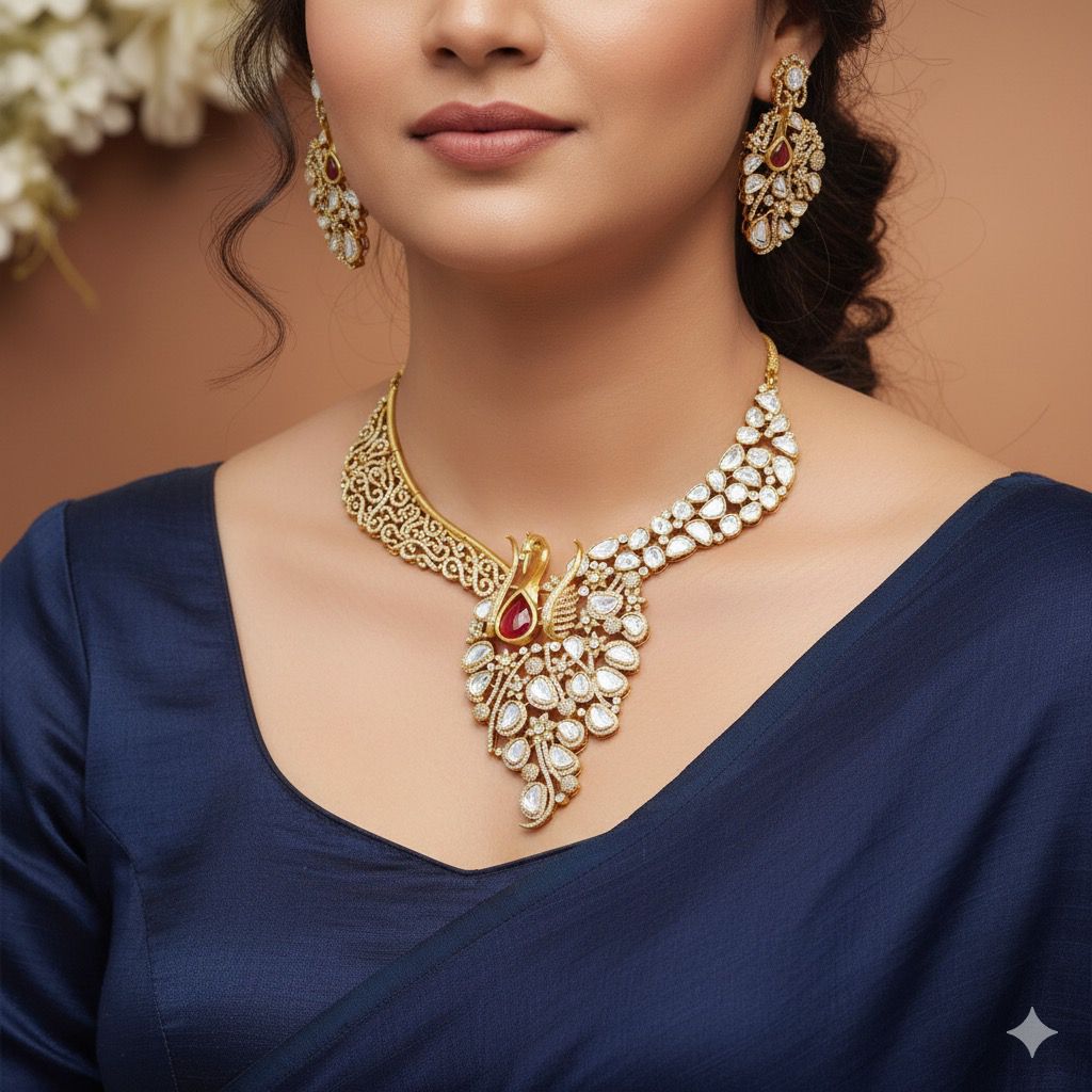Peacock-Inspired Gold & Ruby Bridal Necklace Set with Earrings