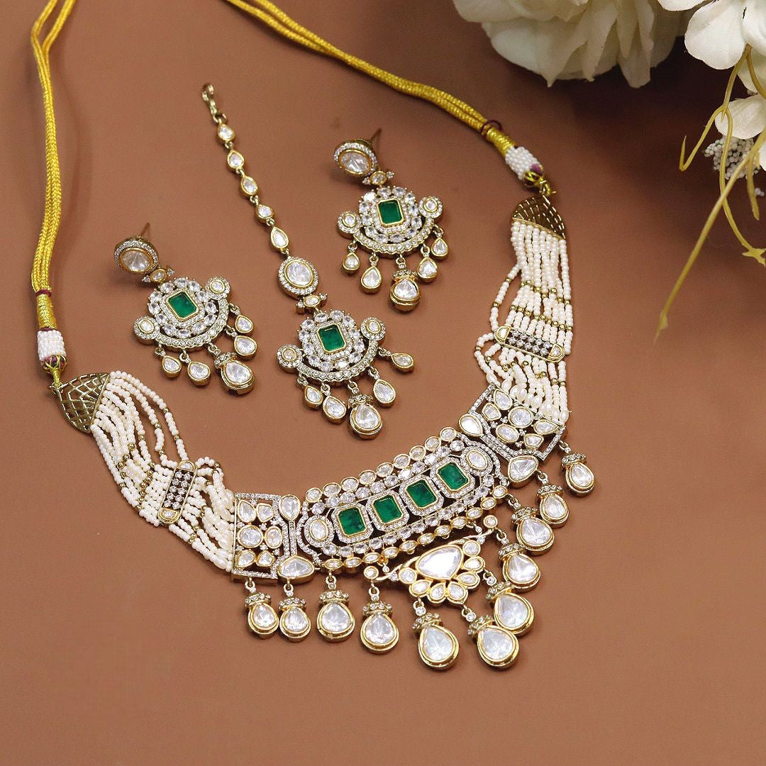 Regal Polki & Emerald Jadau Jewelry Set with Pearls - Traditional Indian Bridal Choker
