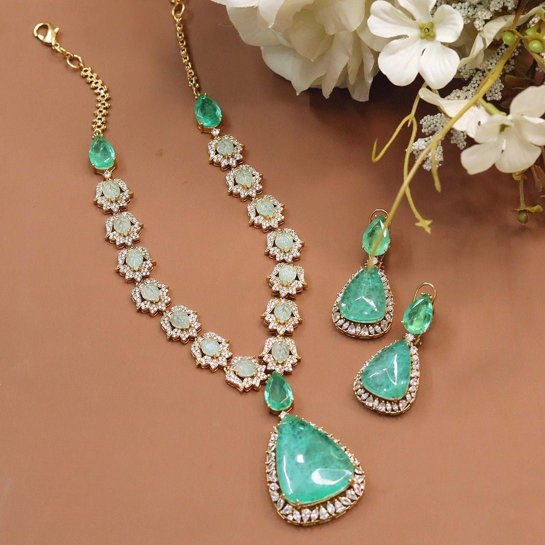 Exquisite Tear-Drop Emerald and Kundan Style Necklace Set - Gold Plated Statement Jewelry